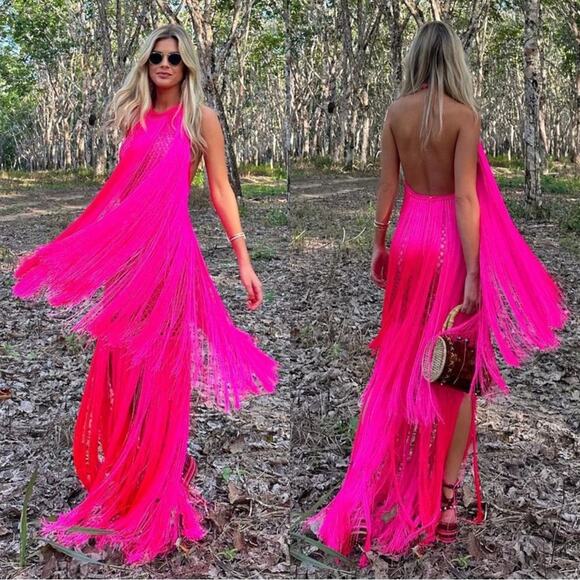 ANDREA ALMEIDA Bel Crochet Fringe Tiered Pink Maxi Dress Size XS/S - Picture 6 of 15